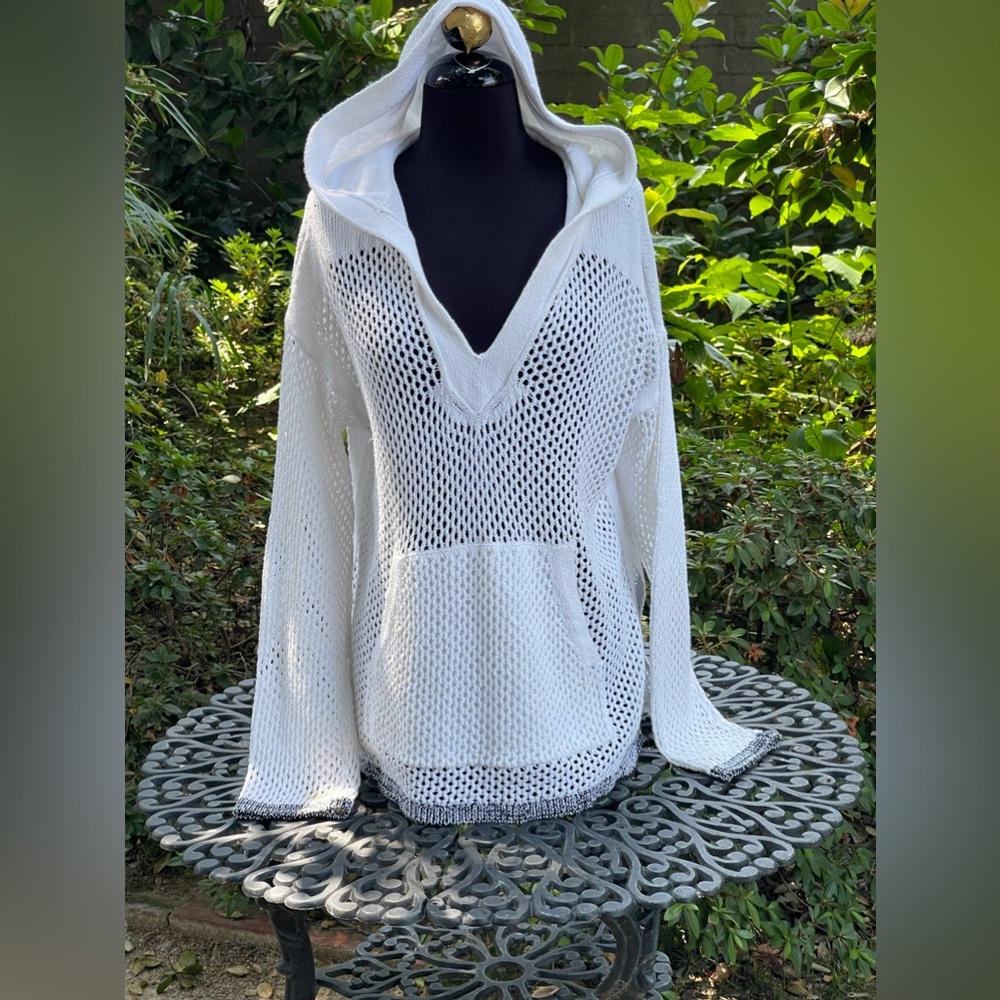 rag & bone White Open-Knit Hooded Pullover Sweatshirt